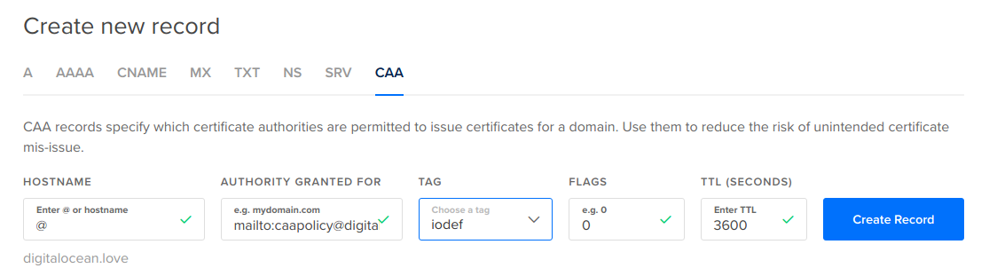 CAA record with iodef values filled in