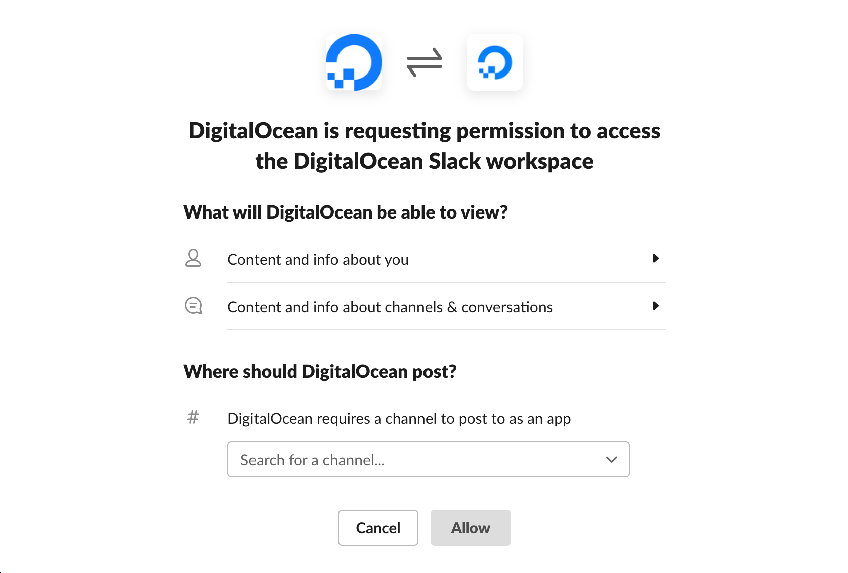 screenshot of the Slack permissions dialog, showing the access DigitalOcean is requesting, options for which channel to post alerts to, and 'Cancel' and 'Allow' buttons